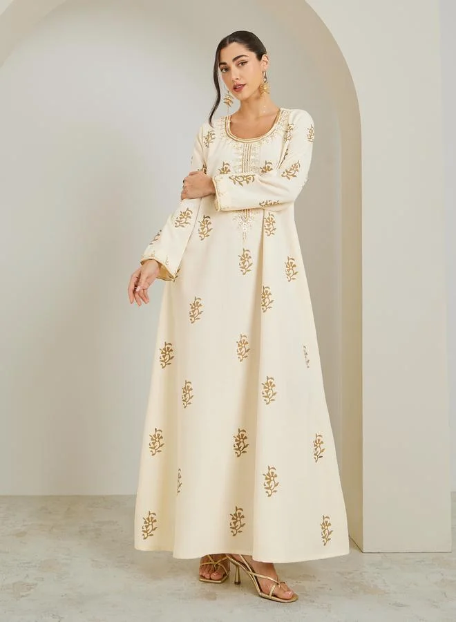 Amirah Women Cream Embroidered A-Line Jalabiya